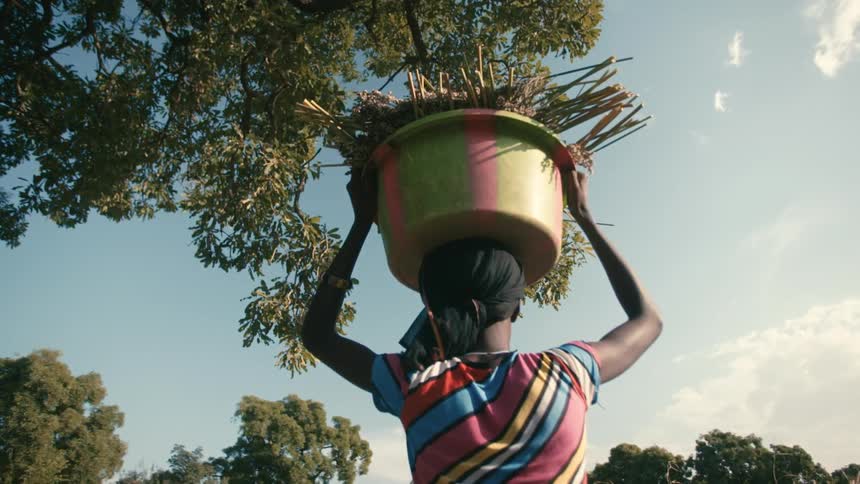 A woman is carrying a basket on her head