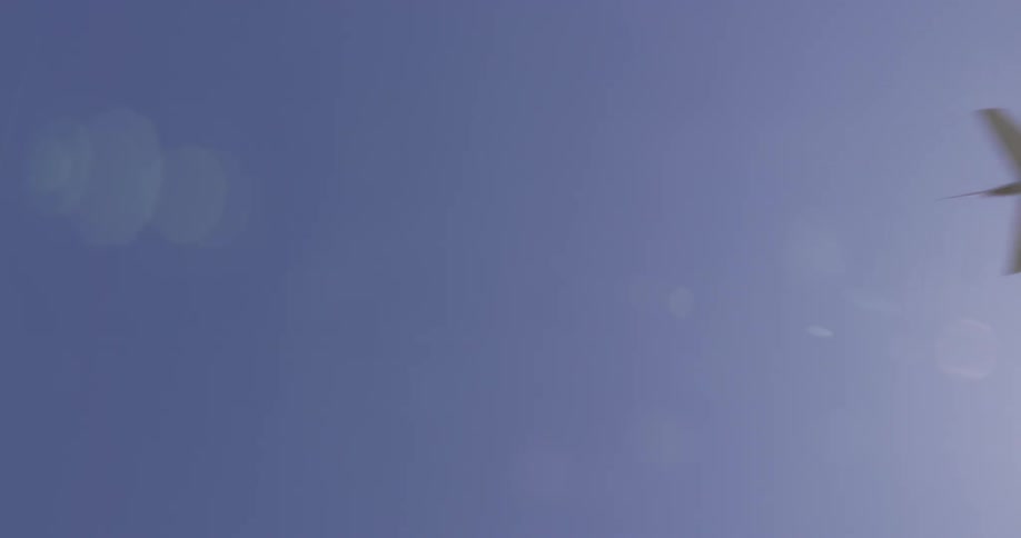 A plane flies in a blue sky on a sunny day