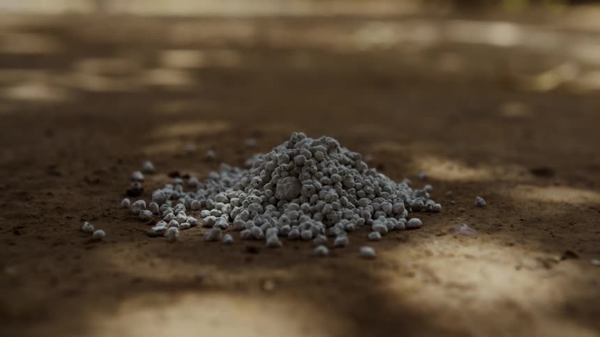 A small pile of agricultural lime sits on dirt