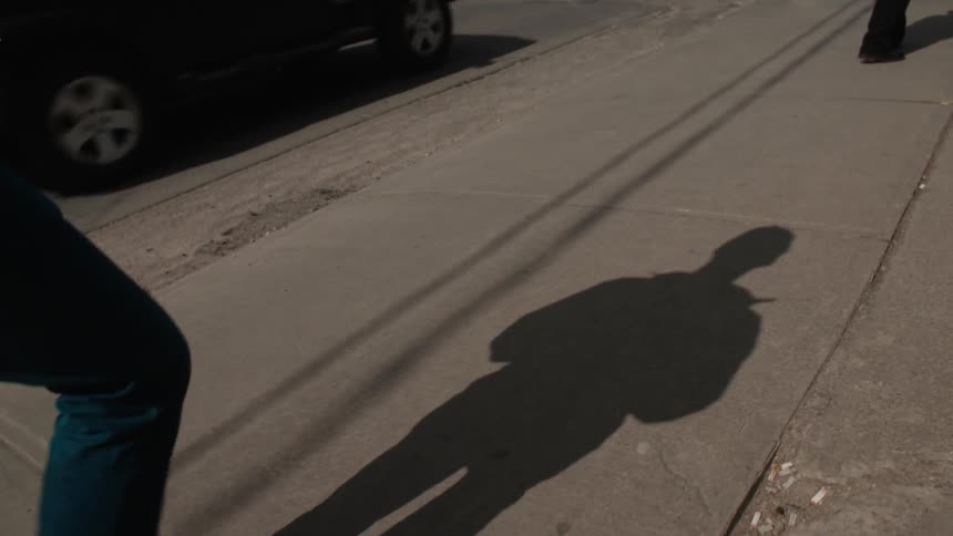 A pedestrian's shadow is cast onto a sidewalk