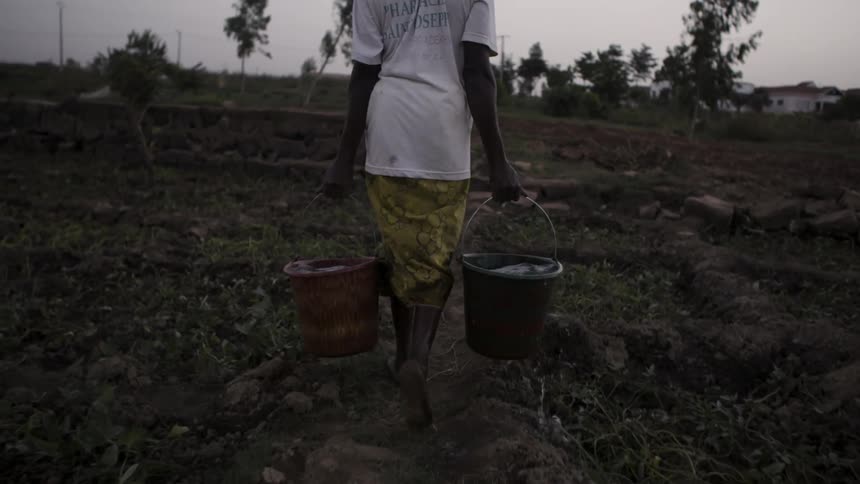 A woman carries buckets of water across a rural field