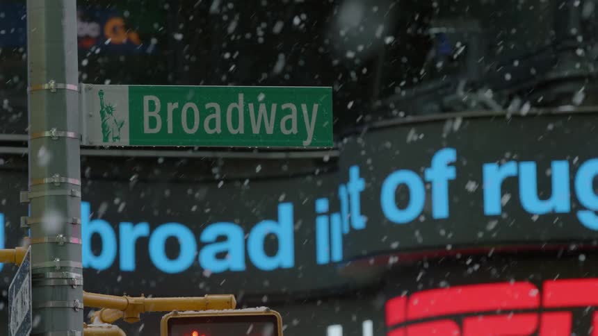 Street sign and moving image with snow falling