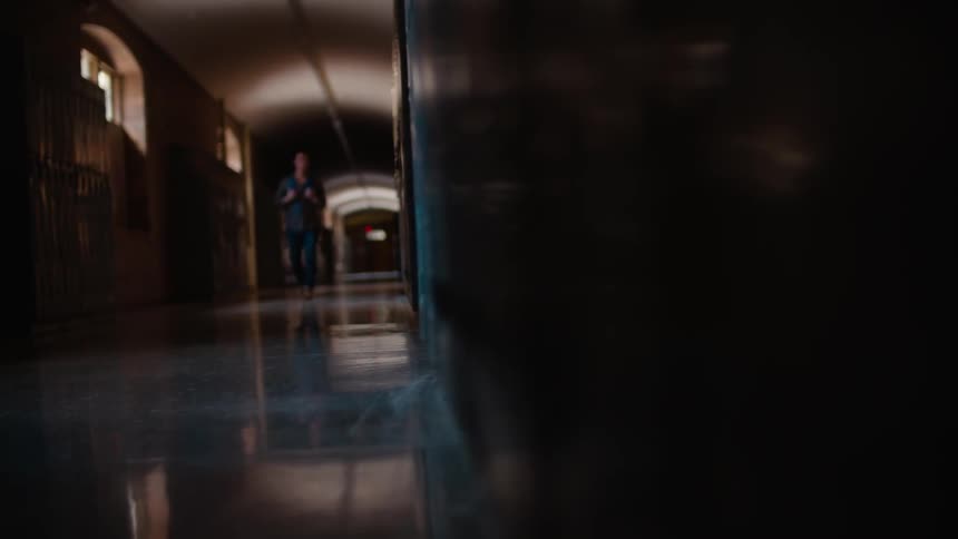 Only one person is walking down the hall ahead