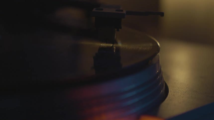 A record player spins