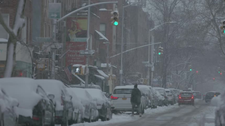 Snow falls on cars lining a city street