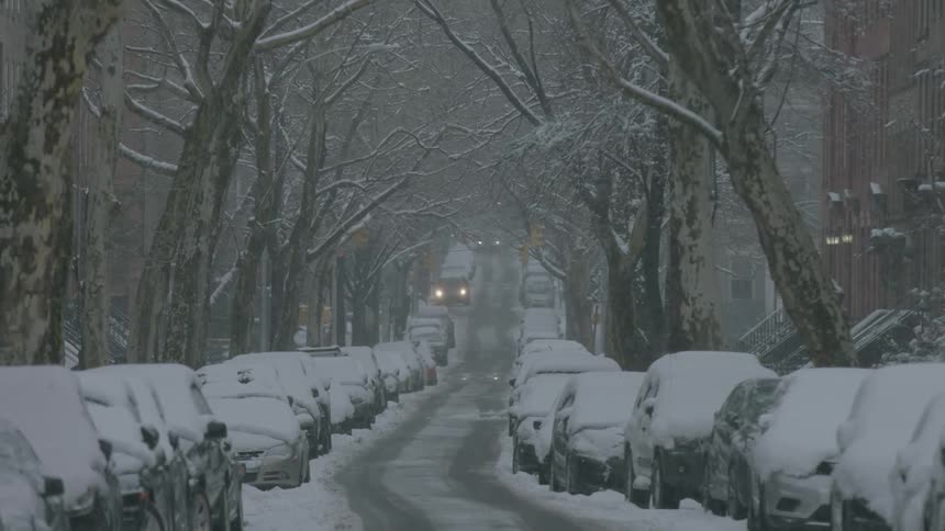 Snow falls on cars lining a city street