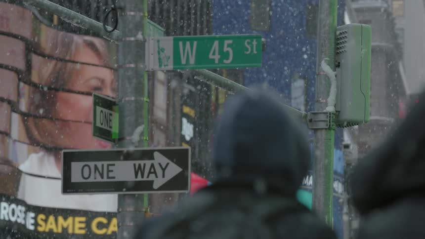 Snow falling on people and street signs in the downtown of a city