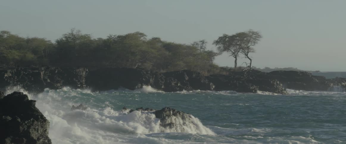 The coast has rough waves that are crashing against the rocks