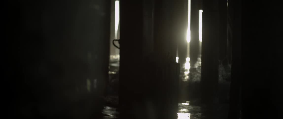 Waves crash among the pilings below a pier