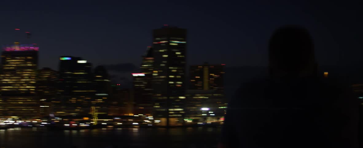 A man looks at city lights at dusk