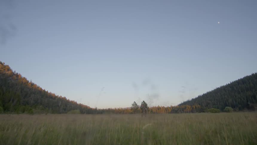 A man is hiking on a long grass field