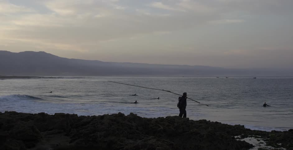 A man walks on the beach holding a long pole