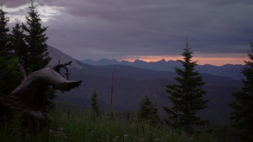 The sun sets over mountains and pine trees