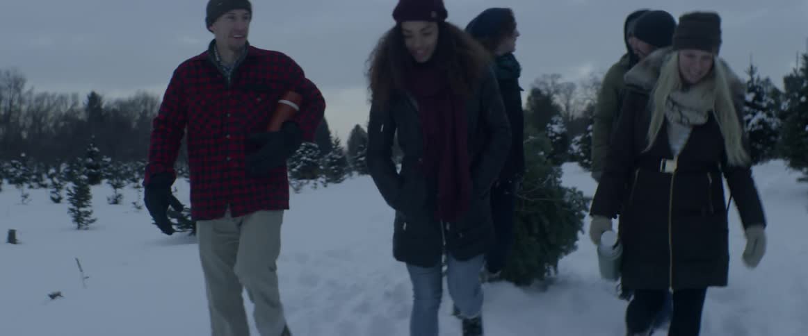 A group of friends haul a downed christmas tree outside in the snow