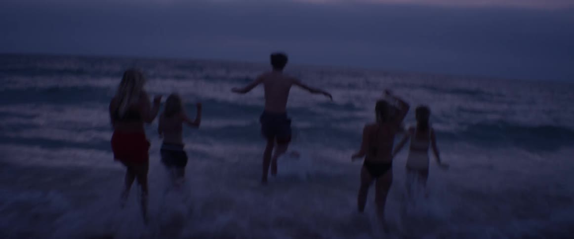 Group of people stand near a fire on the beach and run into the water