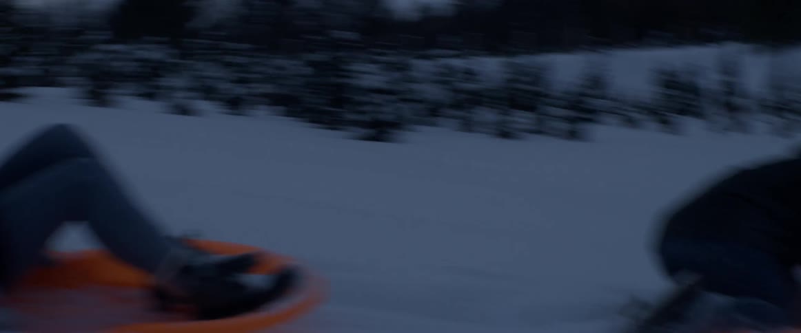 People sled down a snowy hill