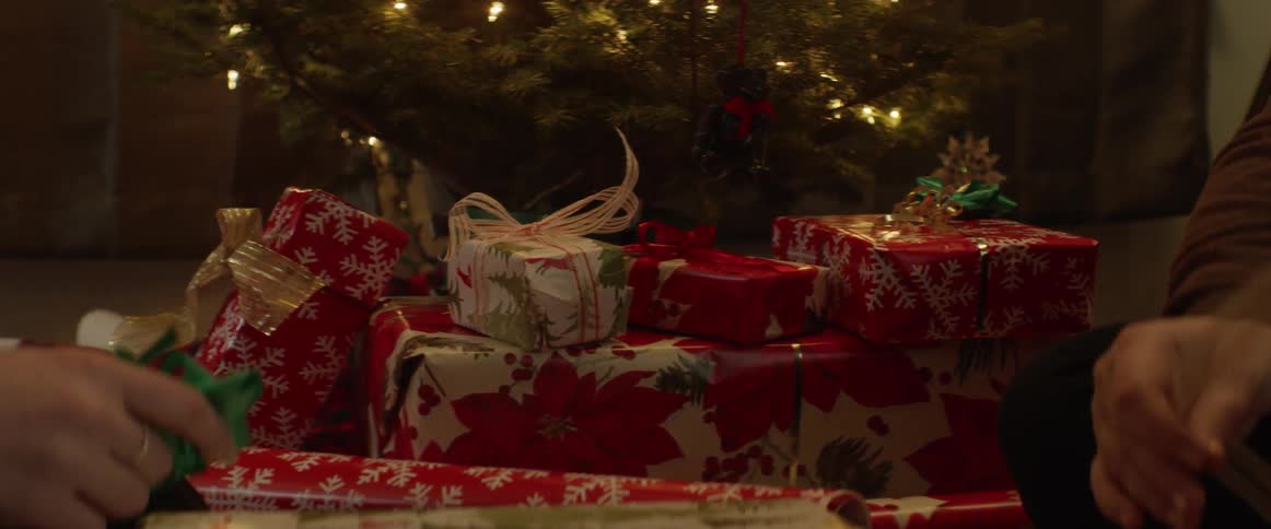 Person pointing at presents underneath a christmas tree