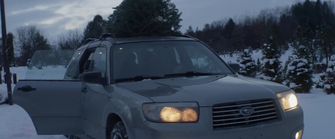 People getting into a vehicle with christmas tree on top
