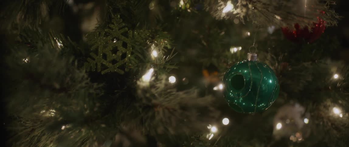 Close up of christmas tree lights and ornament