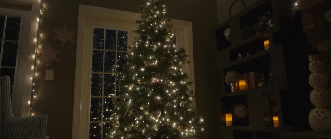 A Christmas tree lit up at night in someone's living room