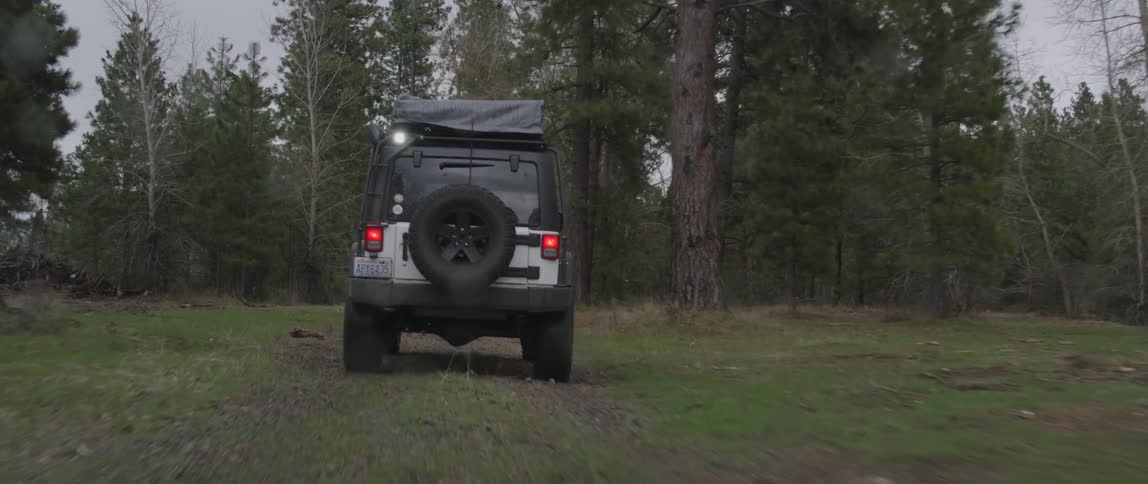 A jeep travels on a dirt trail through the woods