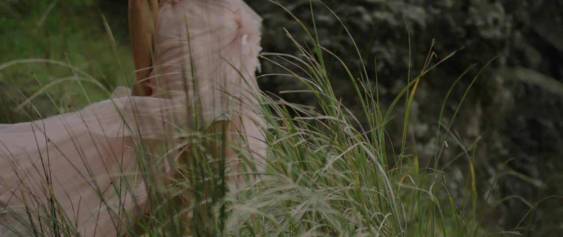 A woman in a sheer pink  dress walks in the sand