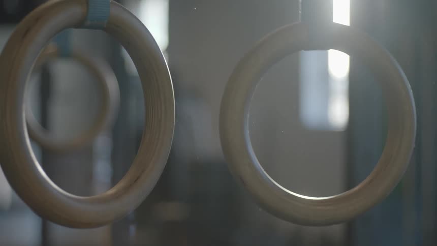 Rings hang from ropes in a gym