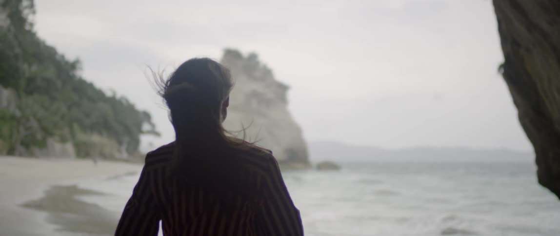 A woman walks on a windy day on the beach
