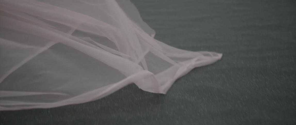 A sheer piece of cloth billows in the wind over the sand