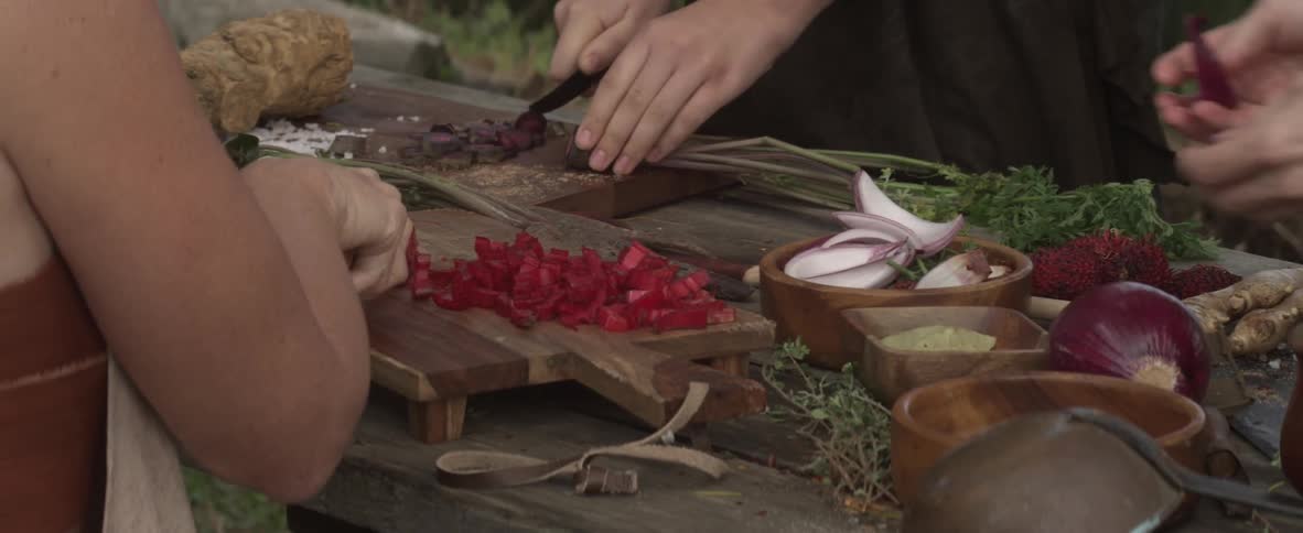 Two people chop vegetables outdoors