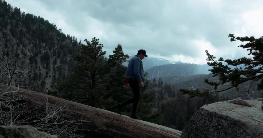 A hiker walks on a fallen tree in the mountains