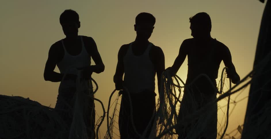 Three people lift up nets near the water