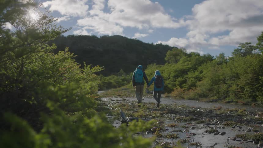 Two people are walking and holding hands along a stream bed