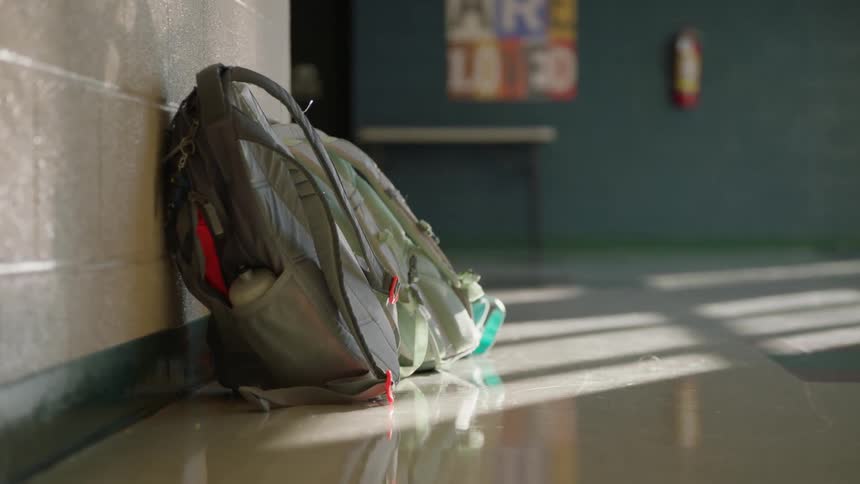 A couple of backpacks are leaning against the wall