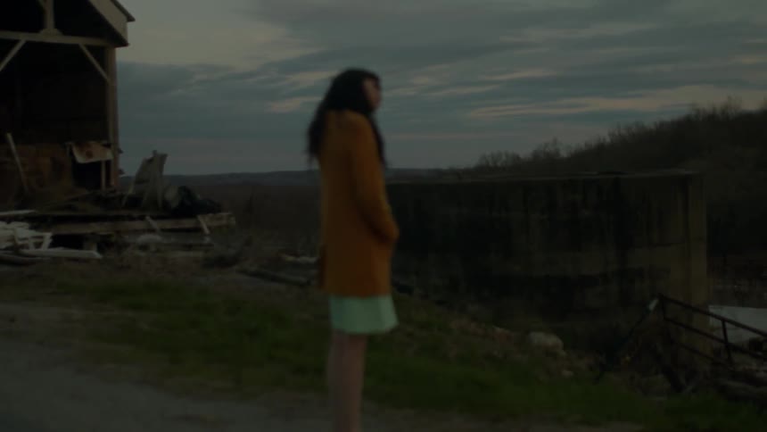 A woman stands near a house at sunset