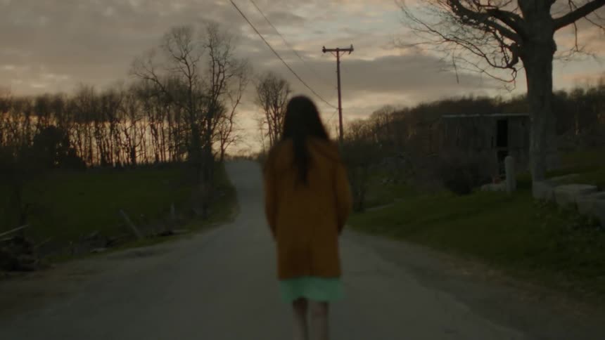 A woman is walking down the road at dawn