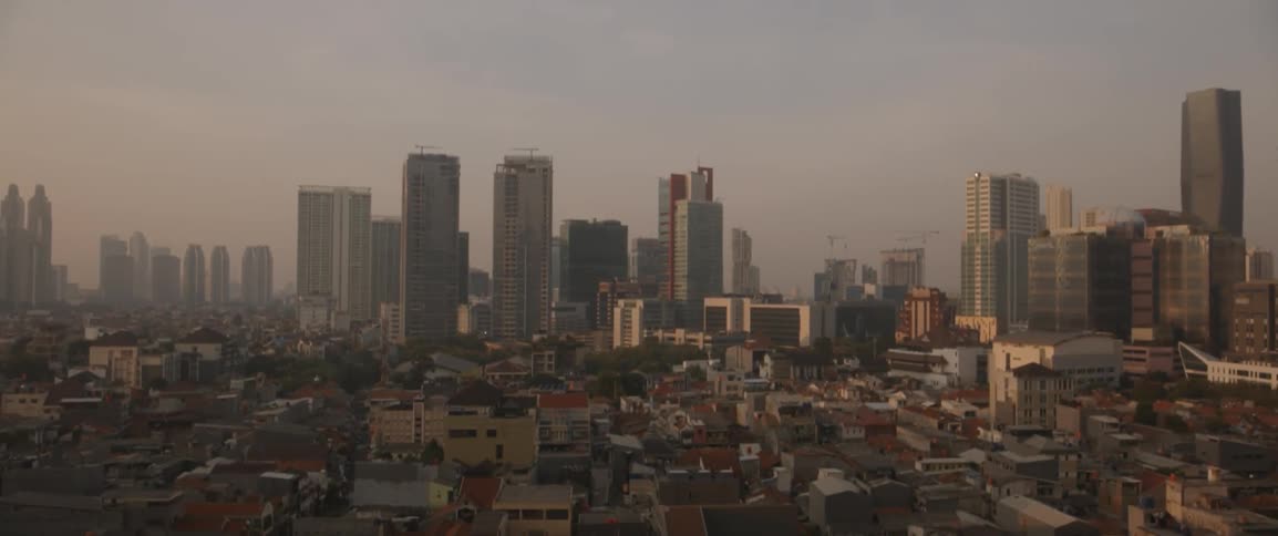 Buildings and skyscrapers in smoggy city during the day