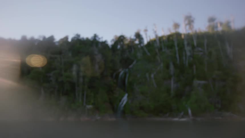 A small waterfall runs out of a green hillside with the sun shining bright