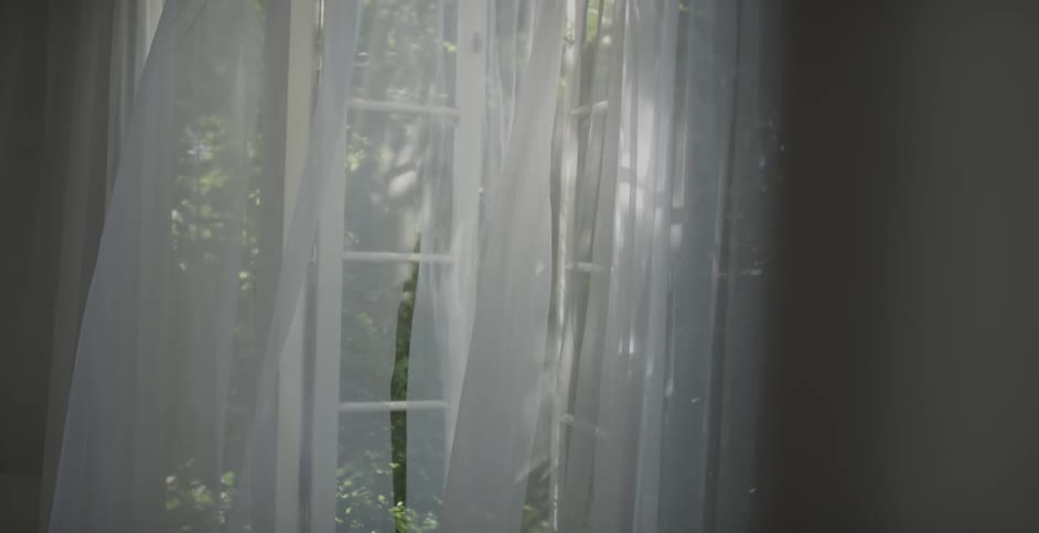 Curtains blowing in the wind in front of a partially open window