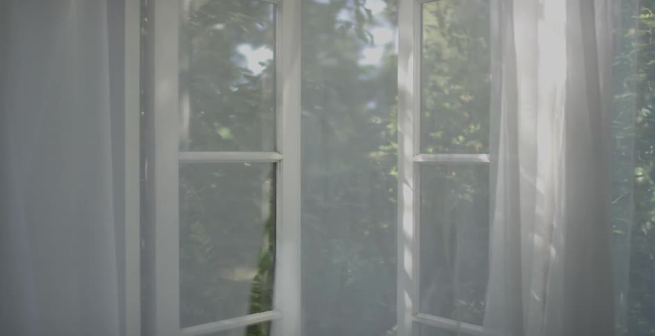 Curtains blow in the breeze in front of an open window