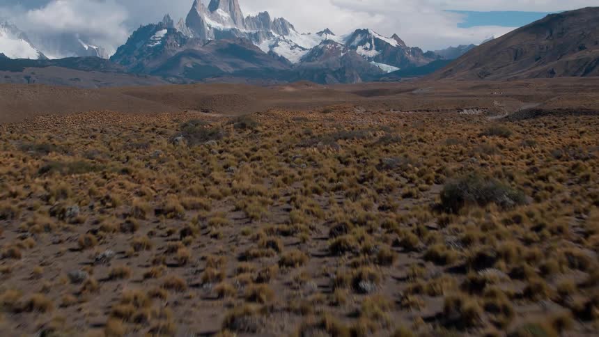 The long field leads to a snow covered mountain