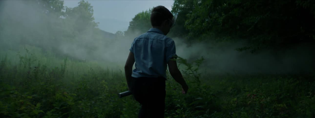 A young boy carrying a flashlight walks in a foggy marsh