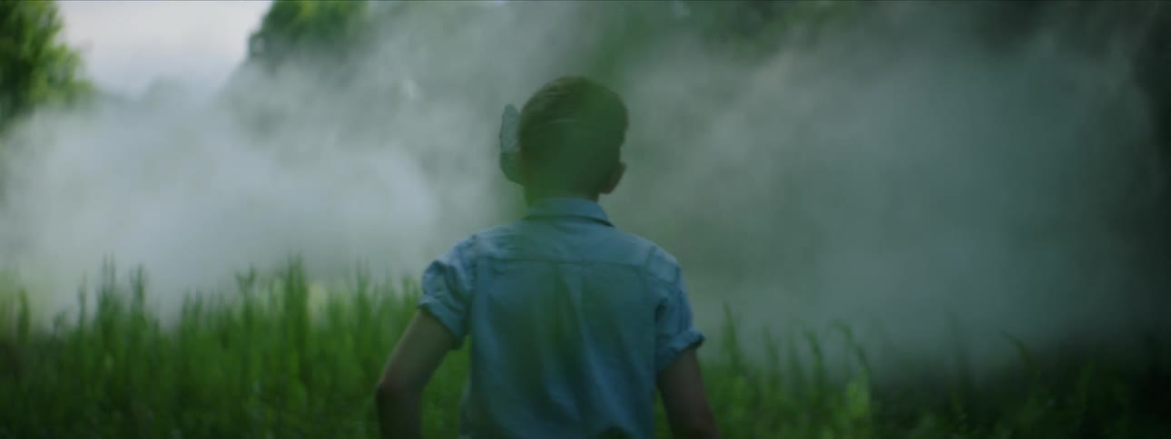 A young boy in a fox mask is standing in a grassy field