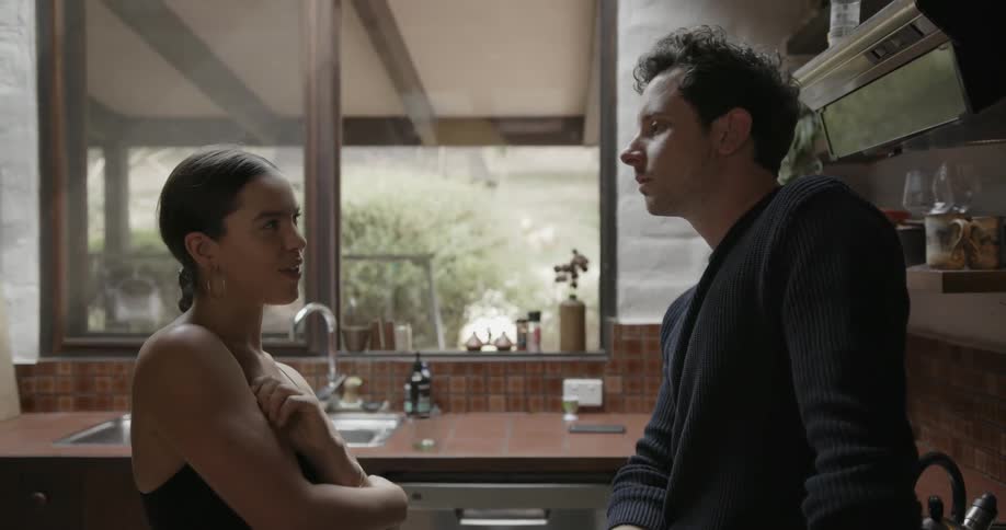 A man and a woman are talking in a kitchen