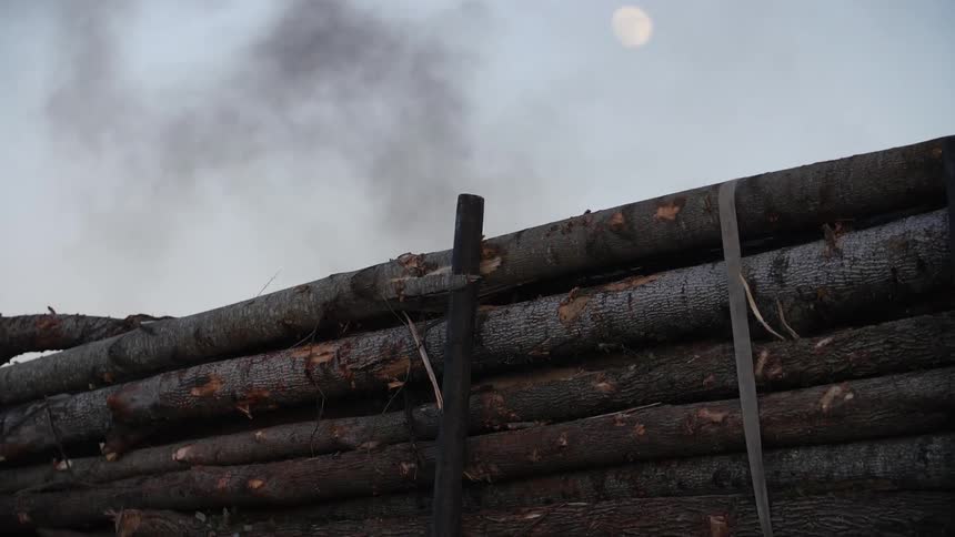 A pile of logs with smoke in the background