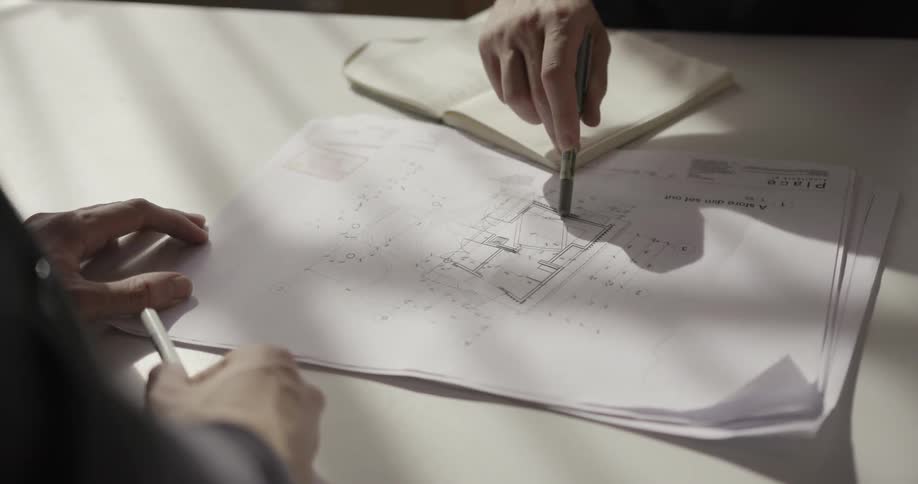 People examine blueprints together