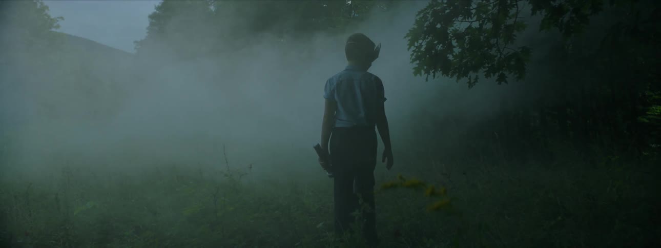 A boy wearing a mask is standing in the smoke