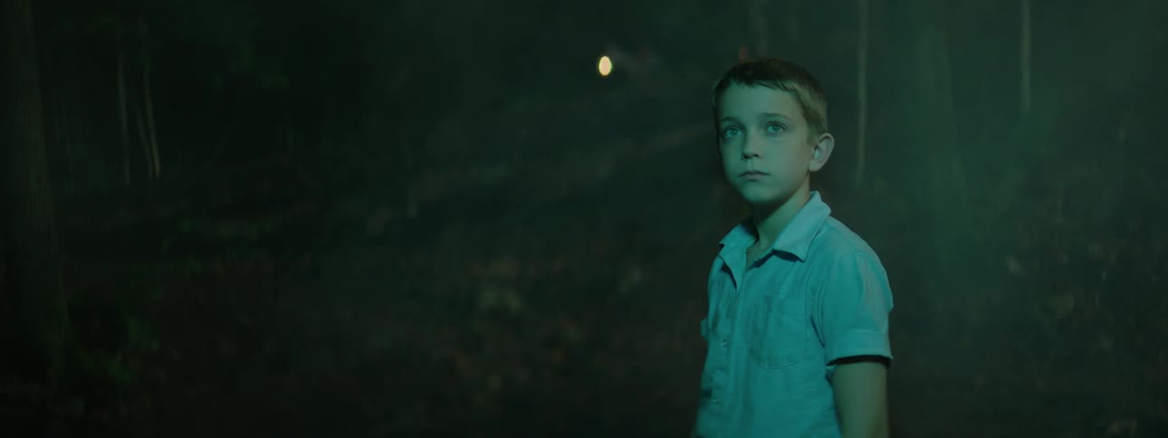 Little boy standing outside at night while people with lanterns approach