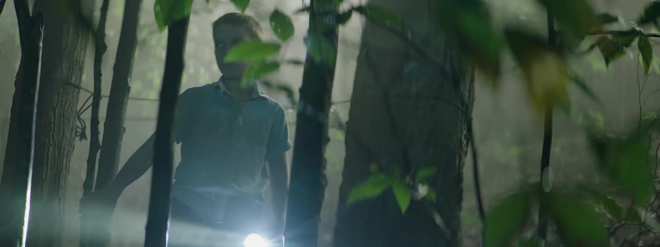 A boy is walking in the woods holding a flashlight
