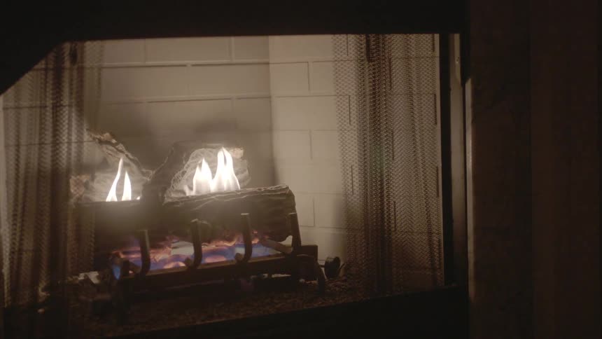 A wooden log is burning in the fireplace inside the house